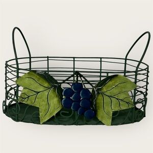 Vintage Green Decorative Metal Basket w/ Grape & Leaf Decor